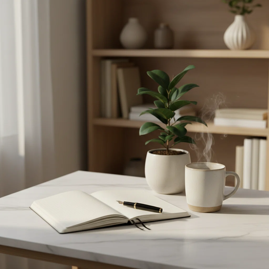Editorial desk with open notebook, pen, steaming mug and bookshelves