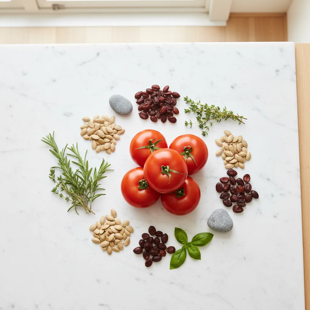 Flat-lay of botanical ingredients: tomatoes, pumpkin seeds, saw palmetto berries and herbs on white marble