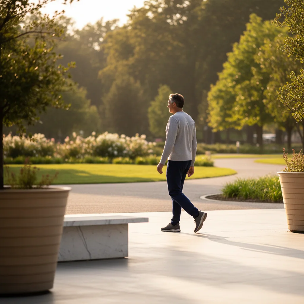 Silhouette of a mature man walking in a sunlit park
