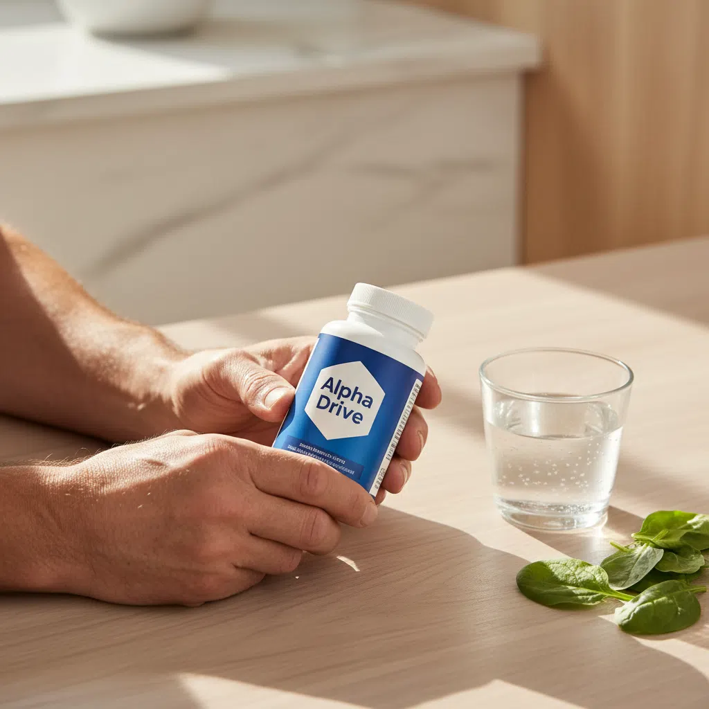 Mature hands holding Alpha Drive supplement bottle on wooden table beside a glass of water